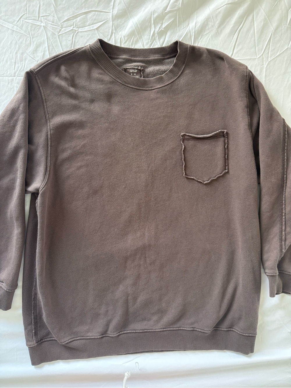 Aerie Brown Raw-Edge Pocket Crewneck Sweatshirt Size Medium